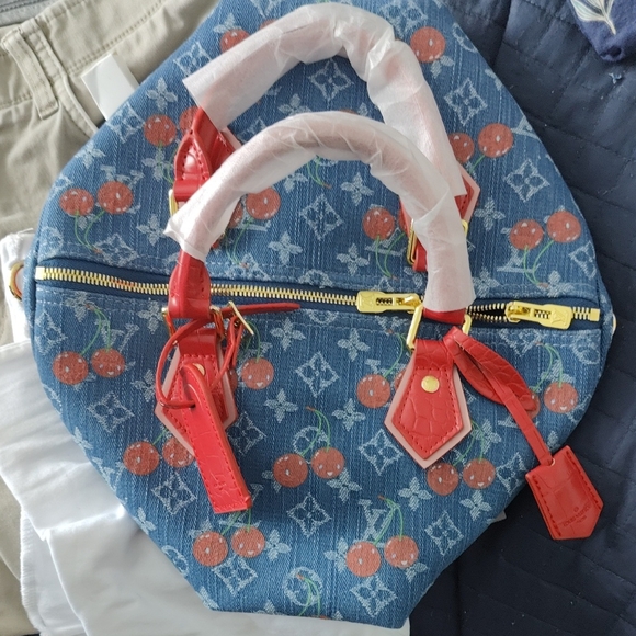 LV Denim Cherry Speedy 30 Like Satchel Monogram Croc Style Cherry Red - Picture 3 of 13